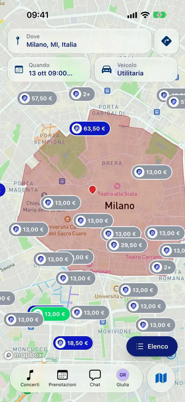 Mappa dell'Area C di Milano nell'app Parkito